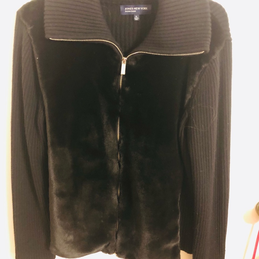 Jones New York Signature Merino Wool Sweater Jacket with Faux Fur